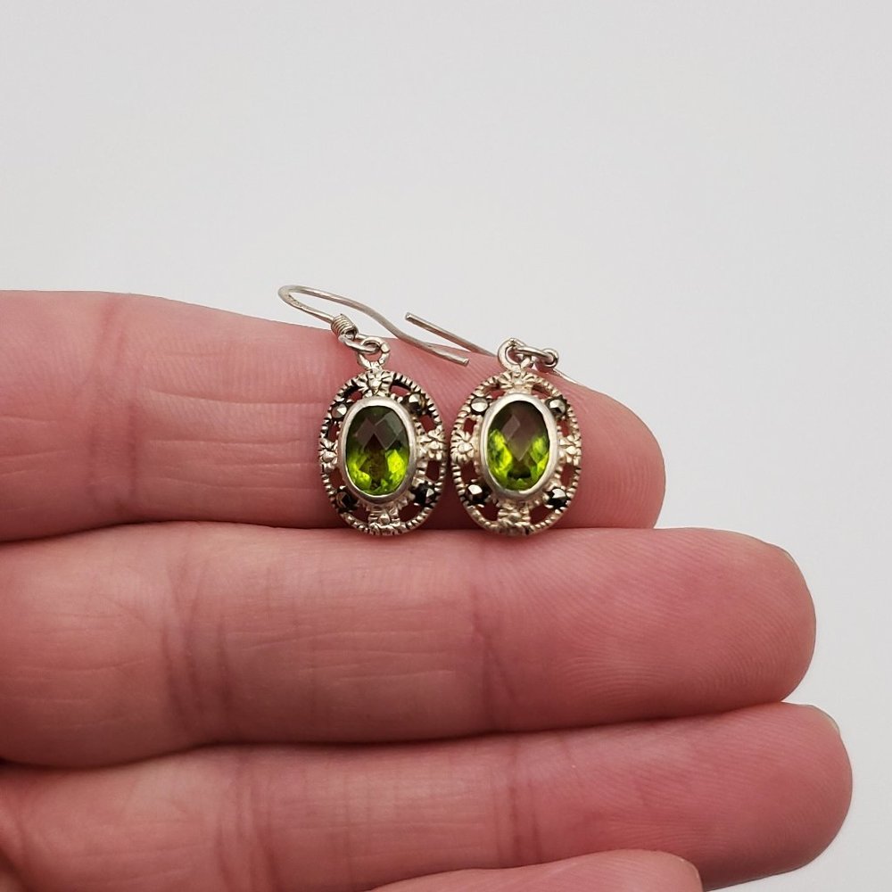 925 Sterling Silver Green Glass And Marcasite Dangle Earrings